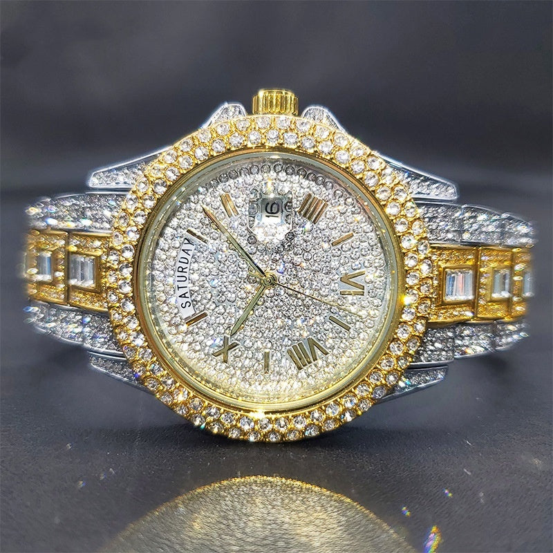 Man Pair Calendar Full Diamond Luxury Quartz Watch