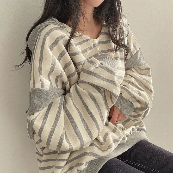 Hoodies Striped T-shirt Women's New Spring Autumn Thin Spliced Street Loose Long-sleeved Top Fashion Elegant Retro Shirt Top