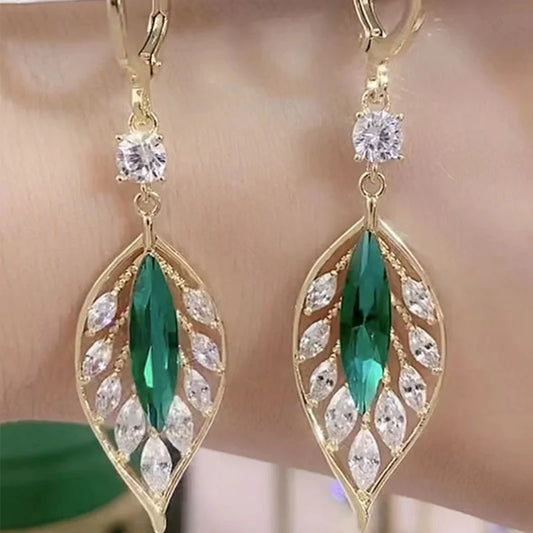 Golden Branches, Jade Leaves, High-end Temperament Light Zircon Green Leaf Earrings, Niche, High-end, Foreign Style, Luxury, and