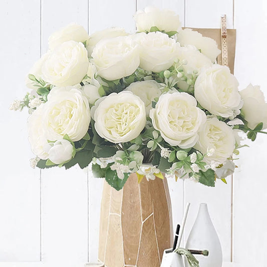 Artificial Flowers Fake Silk White Peonies Used for Home Room Vase Decoration Christmas Wreath Wedding Bouquet Party Accessories