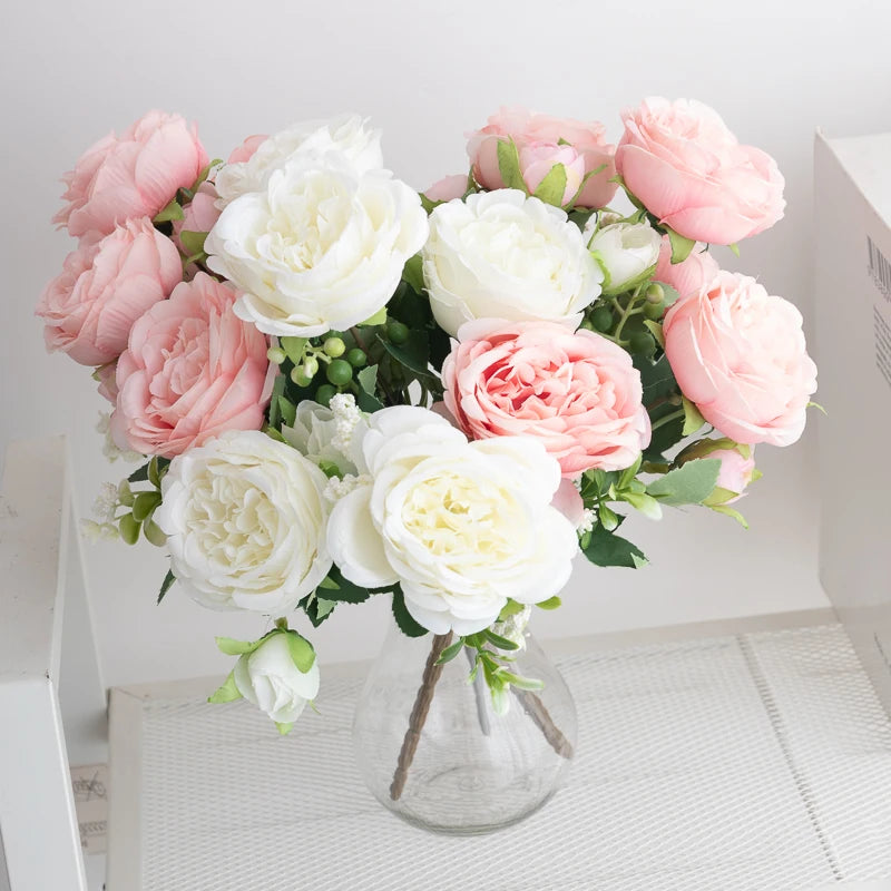 Artificial Flowers Fake Silk White Peonies Used for Home Room Vase Decoration Christmas Wreath Wedding Bouquet Party Accessories