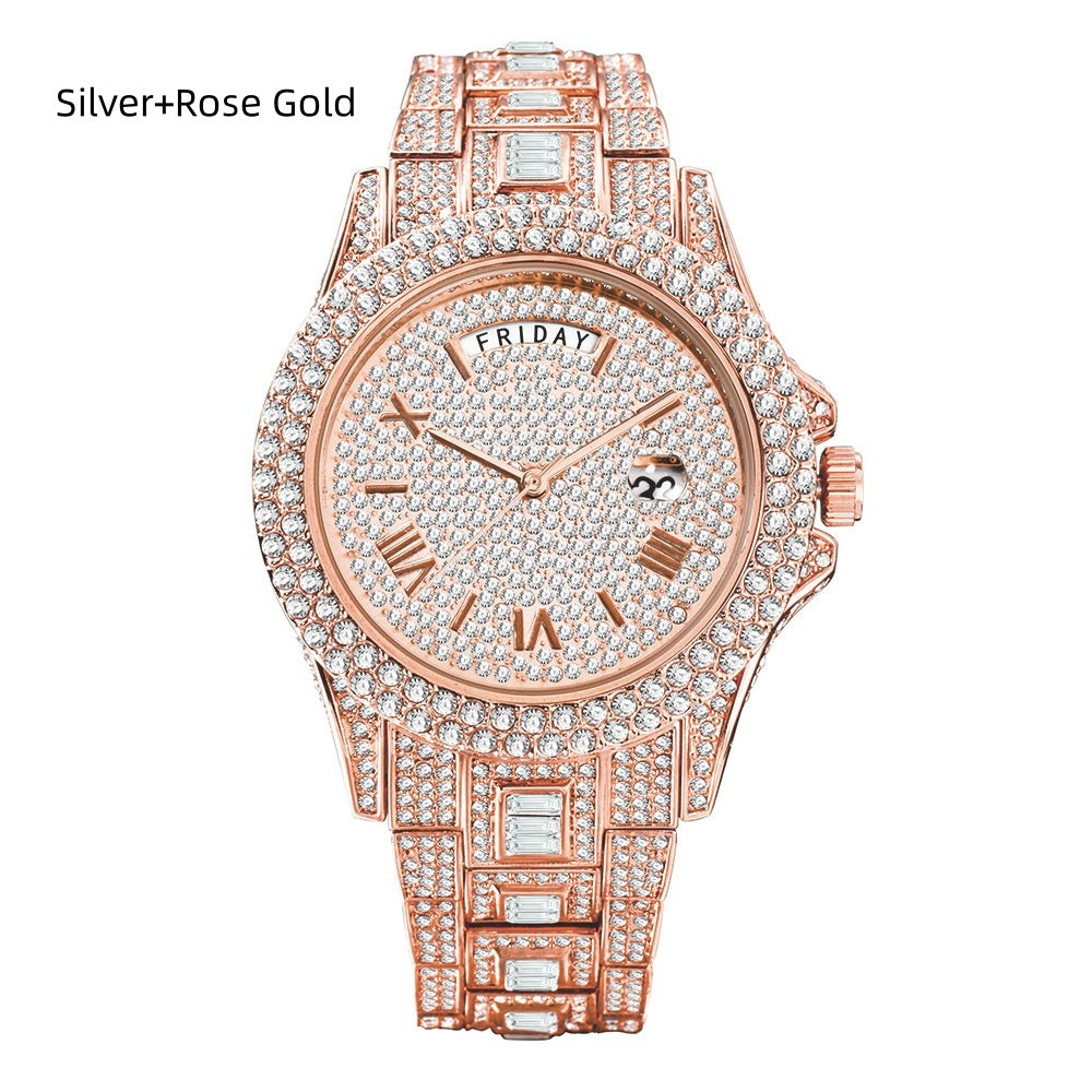 Man Pair Calendar Full Diamond Luxury Quartz Watch